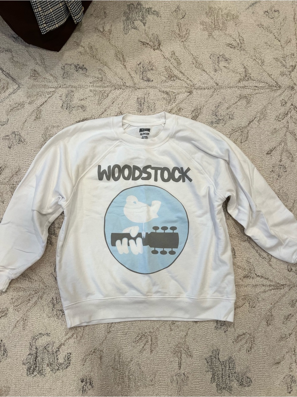 American Eagle Outfitters White Crewneck with Blue Woodstock Graphic